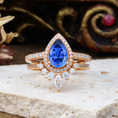 1.5 Carat Pear Shaped Sapphire Engagement Ring Classic Wedding Ring Set