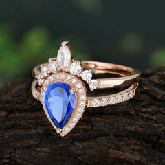 1.5 Carat Pear Shaped Sapphire Engagement Ring Classic Wedding Ring Set