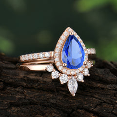 1.5 Carat Pear Shaped Sapphire Engagement Ring Classic Wedding Ring Set