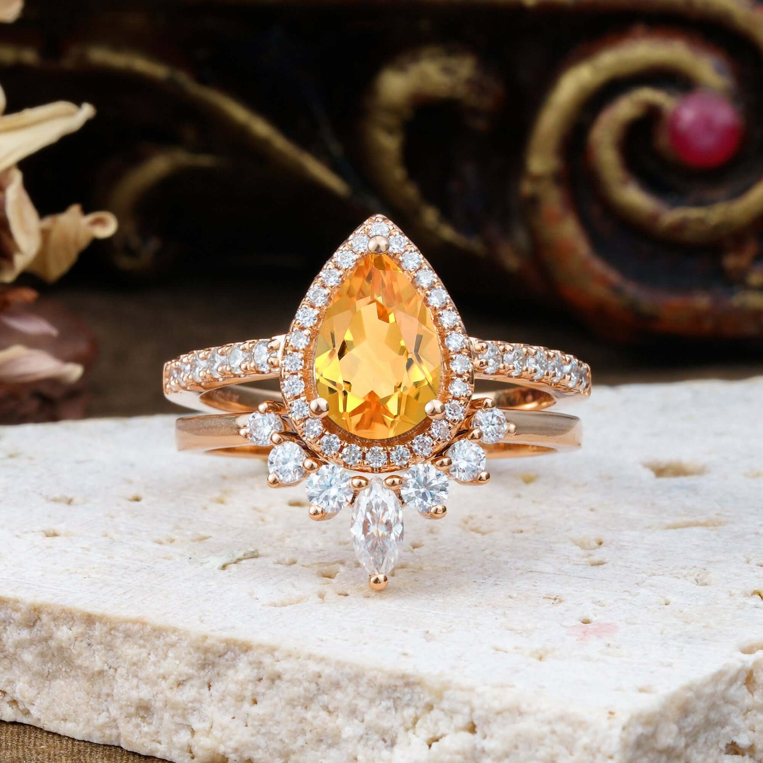 1.5 Carat Pear Shaped Citrine Engagement Bridal Ring Set