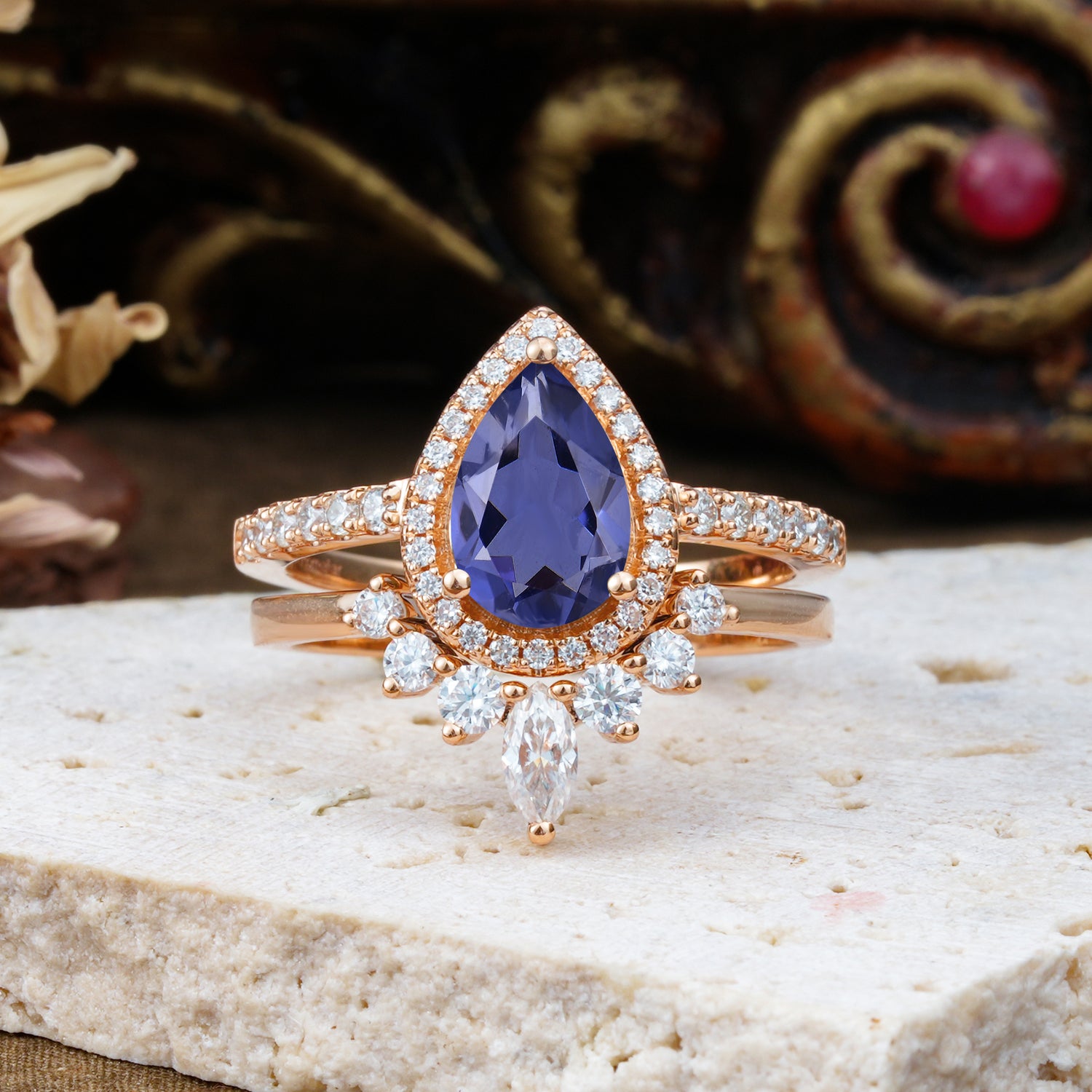1.5 Carat Pear Shaped Tanzanite Engagement Bridal Ring Set - Romalar Jewelry
