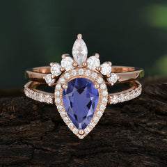 1.5 Carat Pear Shaped Tanzanite Engagement Ring Classic Wedding Ring Set