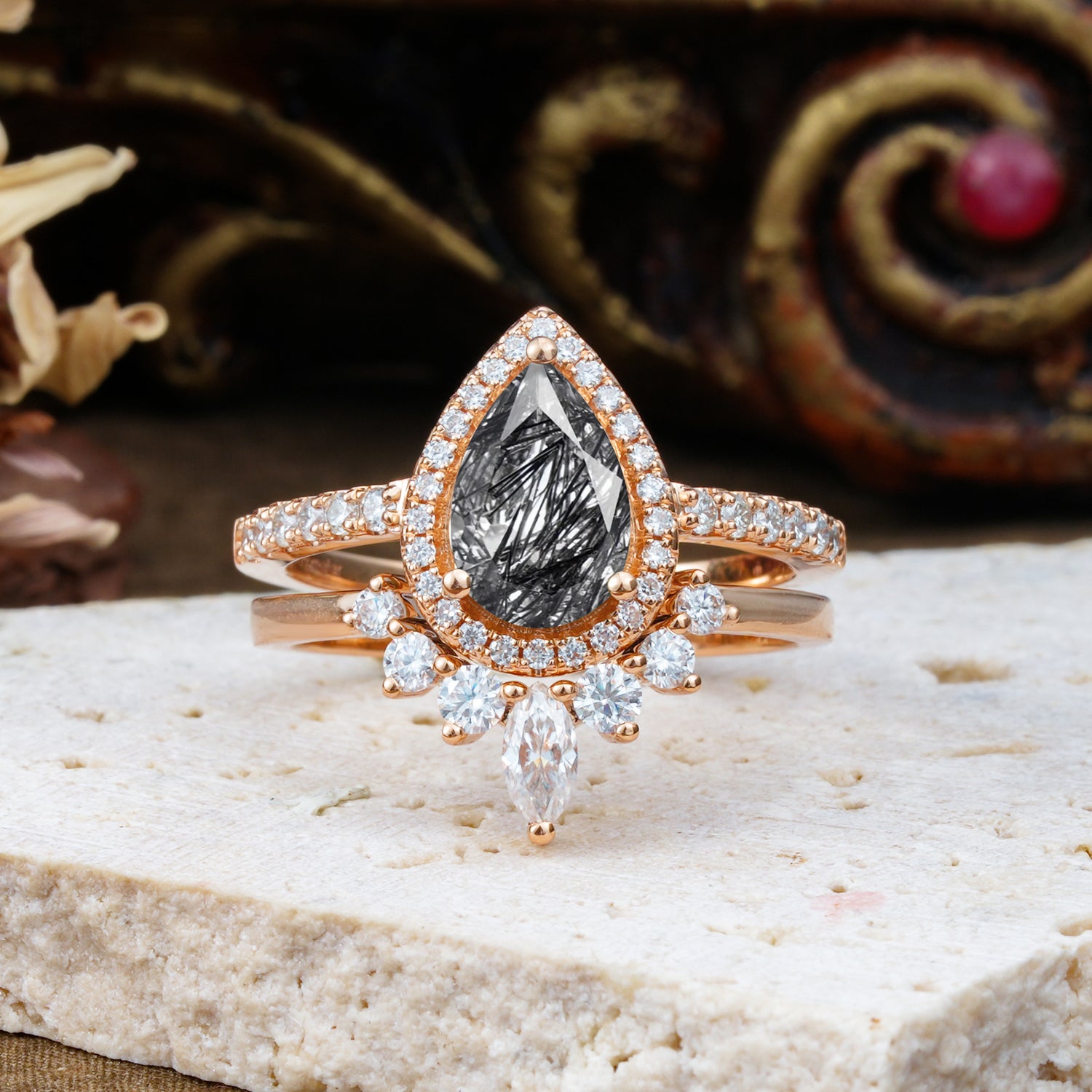 1.5 Carat Pear Shaped Black Rutilated Quartz Engagement Ring Bridal Set