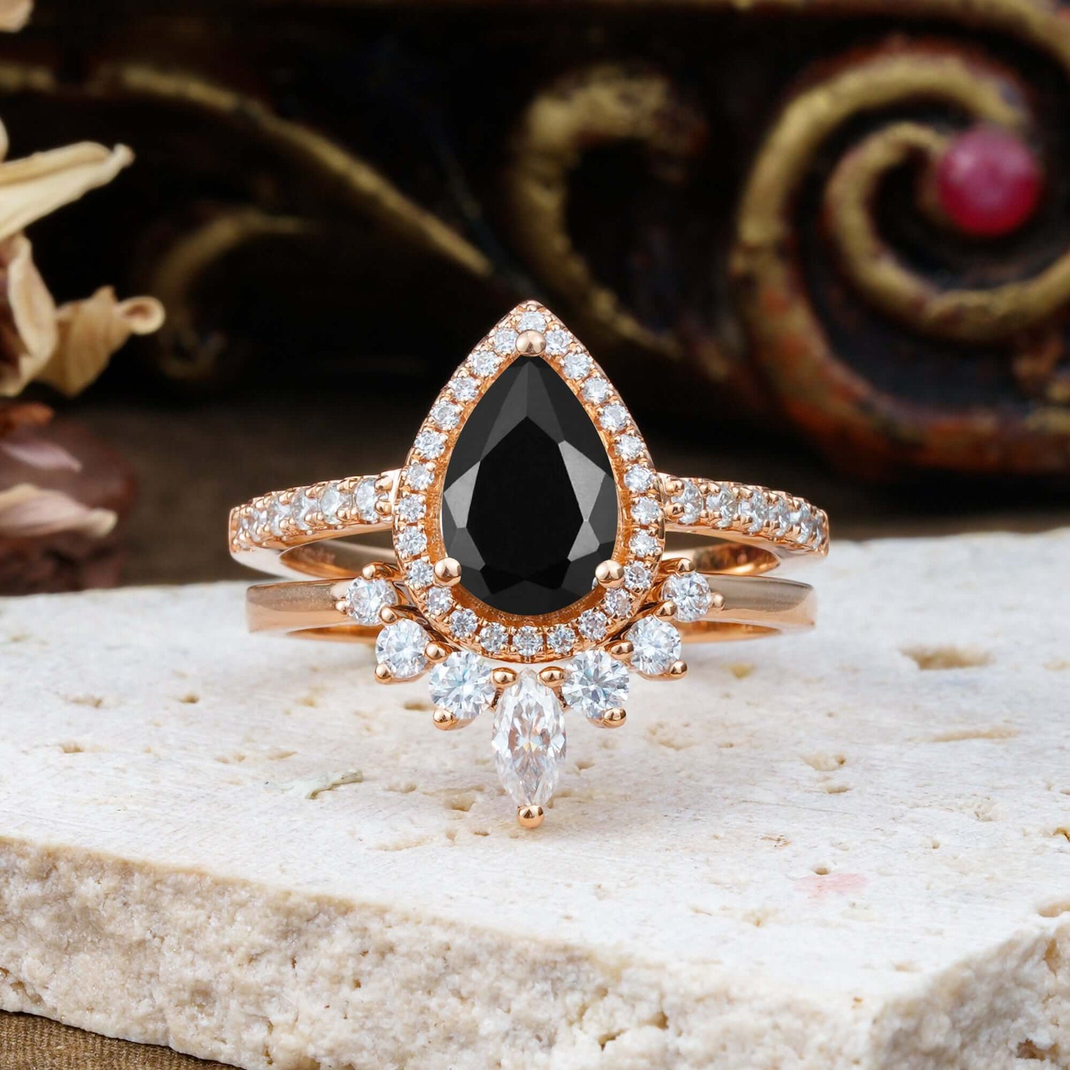 1.5 Carat Pear Shaped Black Onyx Engagement Bridal Ring Set