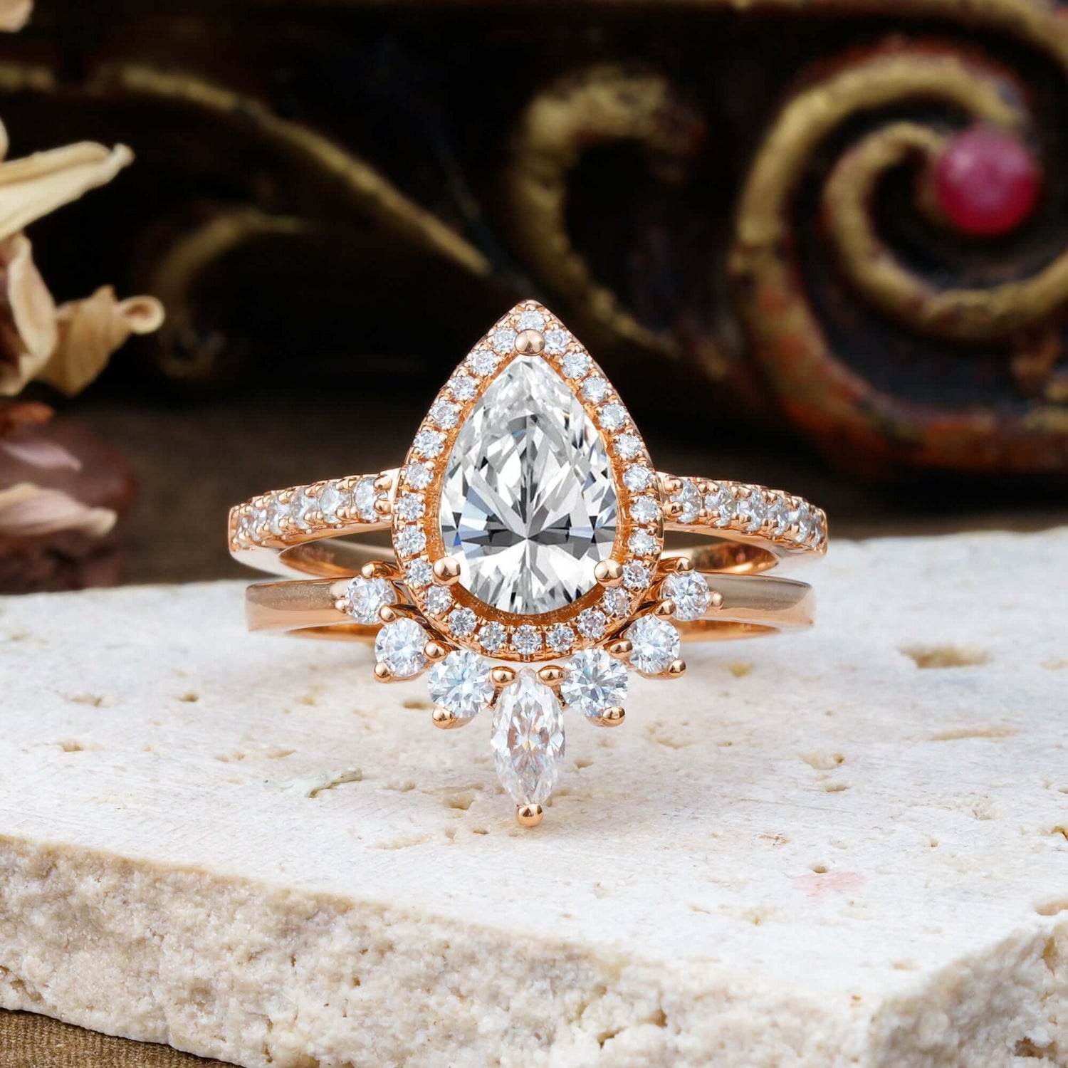 1.5 Carat Pear Shaped Lab Diamond Engagement Bridal Ring Set