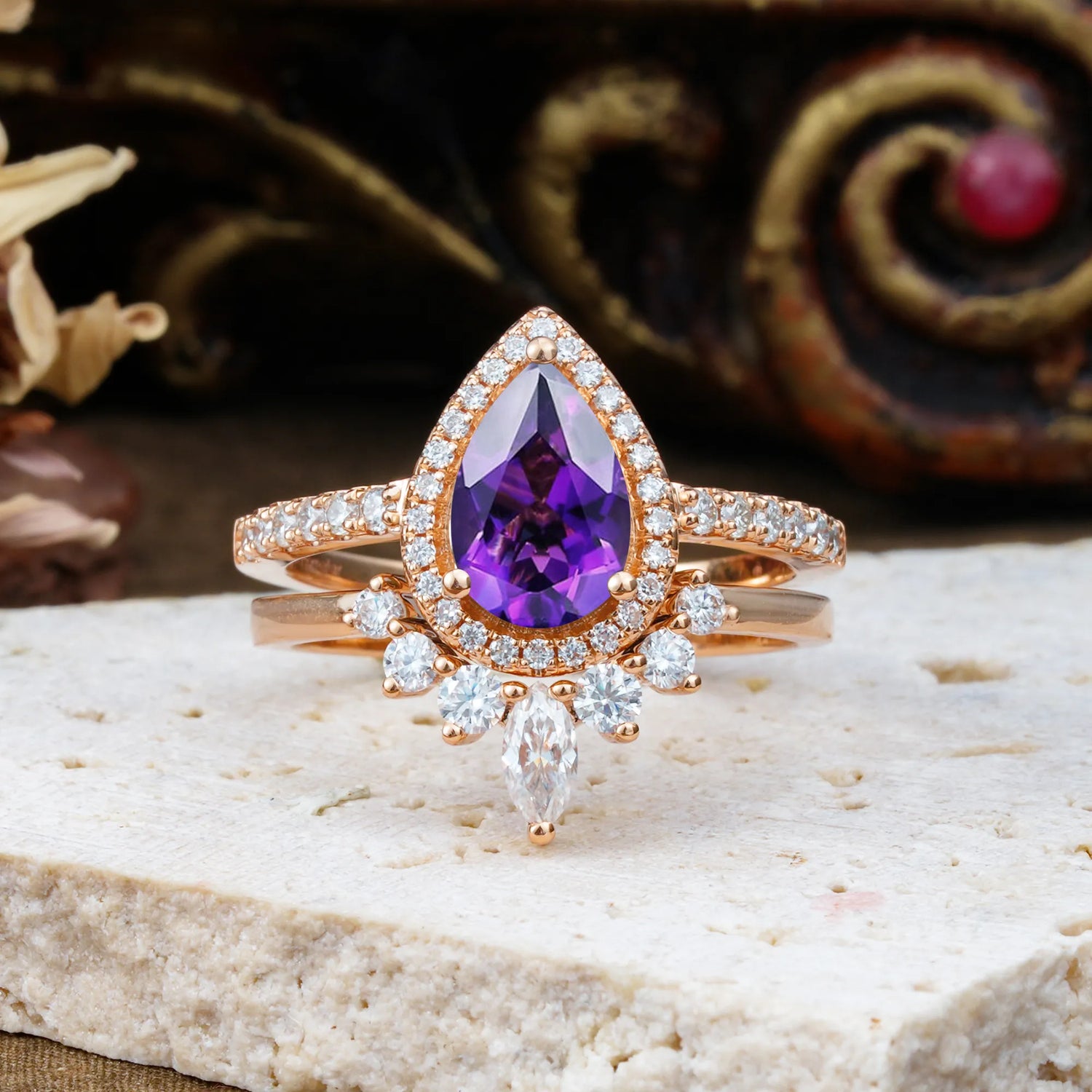 1.5 Carat Pear Shaped Amethyst Engagement Bridal Ring Set