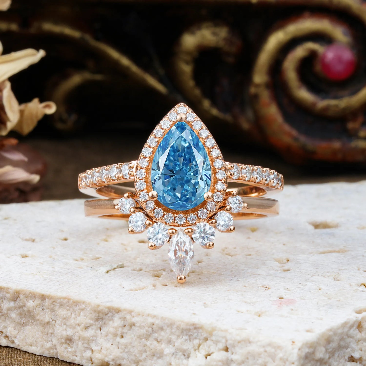 1.5 Carat Pear Shaped Aquamarine Engagement Bridal Ring Set