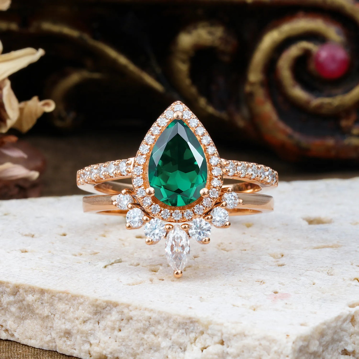 1.5 Carat Pear Shaped Emerald Engagement Bridal Ring Set