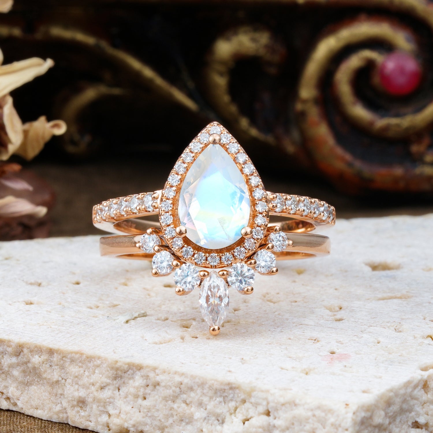 1.5 Carat Pear Shaped Moonstone Engagement Bridal Ring Set - Romalar Jewelry