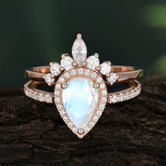 1.5 Carat Pear Shaped Moonstone Engagement Ring Classic Wedding Ring Set