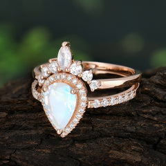 1.5 Carat Pear Shaped Moonstone Engagement Ring Classic Wedding Ring Set