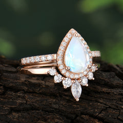 1.5 Carat Pear Shaped Moonstone Engagement Ring Classic Wedding Ring Set