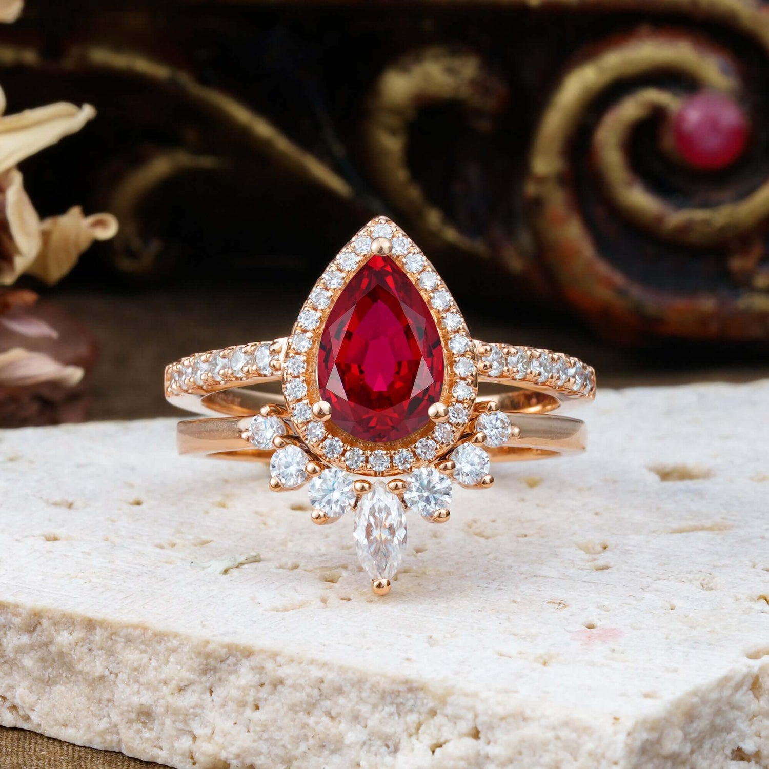 1.5 Carat Pear Shaped Ruby Engagement Bridal Ring Set