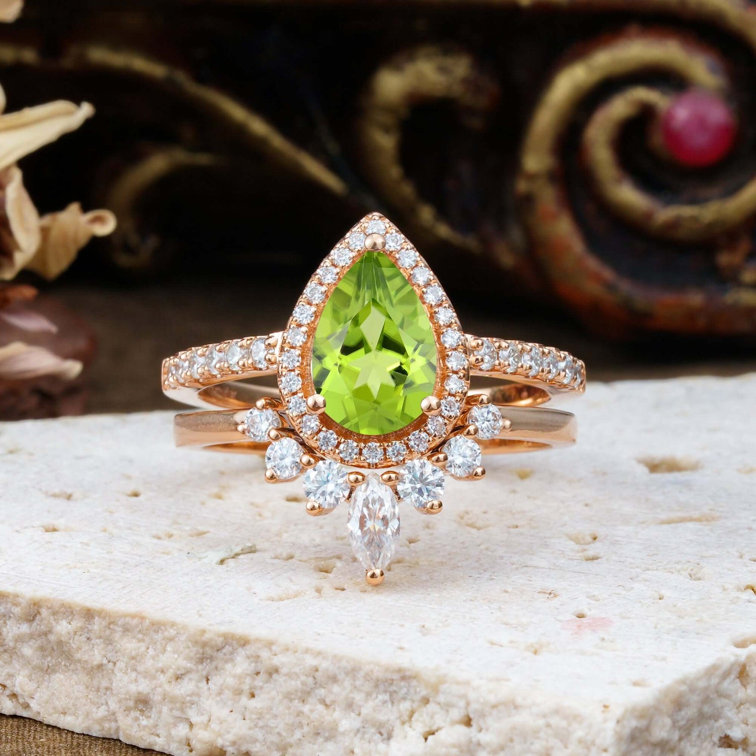 1.5 Carat Pear Shaped Peridot Engagement Bridal Ring Set