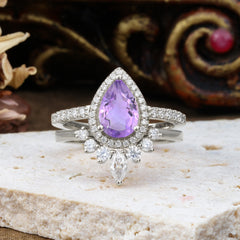 1.5 Carat Pear Shaped Amethyst Engagement Ring Classic Wedding Ring Set