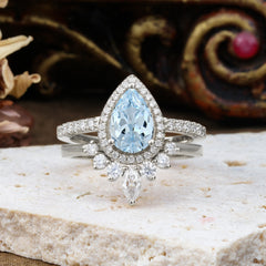 1.5 Carat Pear Shaped Aquamarine Engagement Ring Classic Wedding Ring Set