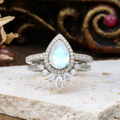 1.5 Carat Pear Shaped Natural Moonstone Engagement Ring Classic Wedding Ring Set