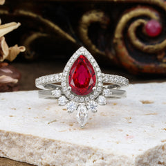 1.5 Carat Pear Shaped Ruby Engagement Ring Classic Wedding Ring Set