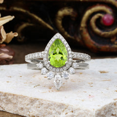 1.5 Carat Pear Shaped Peridot Engagement Ring Classic Wedding Ring Set