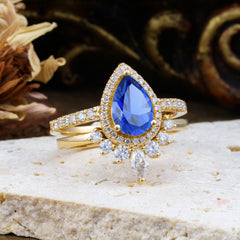1.5 Carat Pear Shaped Sapphire Engagement Ring Classic Wedding Ring Set
