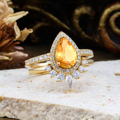 1.5 Carat Pear Shaped Citrine Engagement Ring Classic Wedding Ring Set