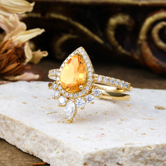 1.5 Carat Pear Shaped Citrine Engagement Ring Classic Wedding Ring Set