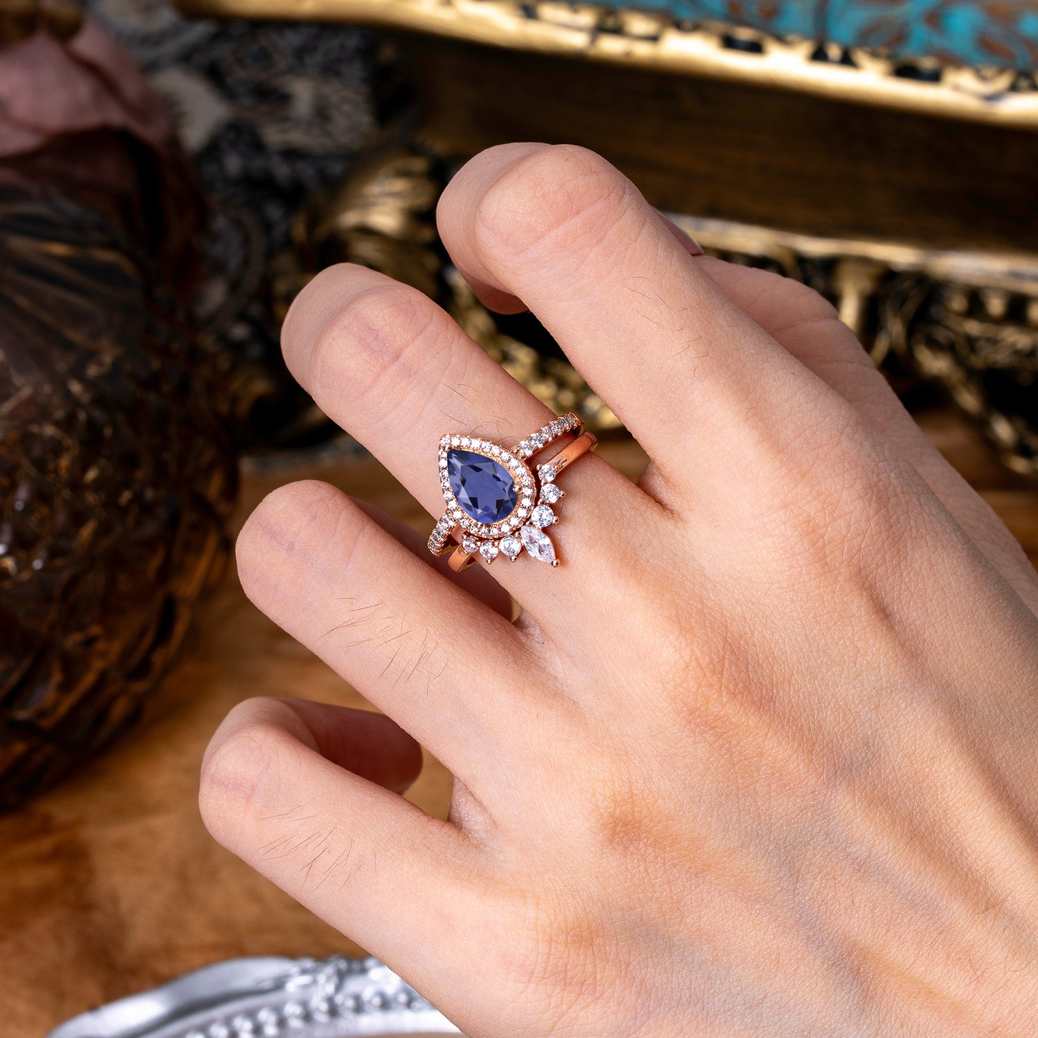 1.5 Carat Pear Shaped Tanzanite Engagement Bridal Ring Set - Romalar Jewelry