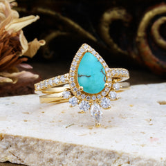 1.5 Carat Pear Shaped Turquoise Engagement Ring Classic Wedding Ring Set