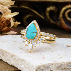 1.5 Carat Pear Shaped Turquoise Engagement Ring Classic Wedding Ring Set