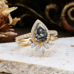 1.5 Carat Pear Shaped Black Rutilated Quartz Engagement Ring Classic Wedding Ring Set