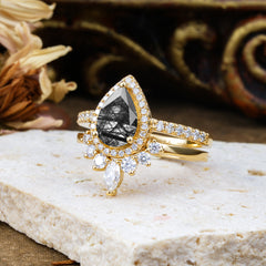 1.5 Carat Pear Shaped Black Rutilated Quartz Engagement Ring Classic Wedding Ring Set