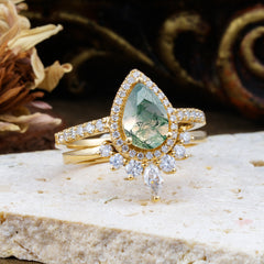 1.5 Carat Pear Shaped Moss Agate Engagement Ring Classic Wedding Ring Set