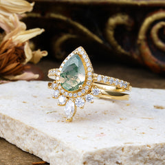 1.5 Carat Pear Shaped Moss Agate Engagement Ring Classic Wedding Ring Set