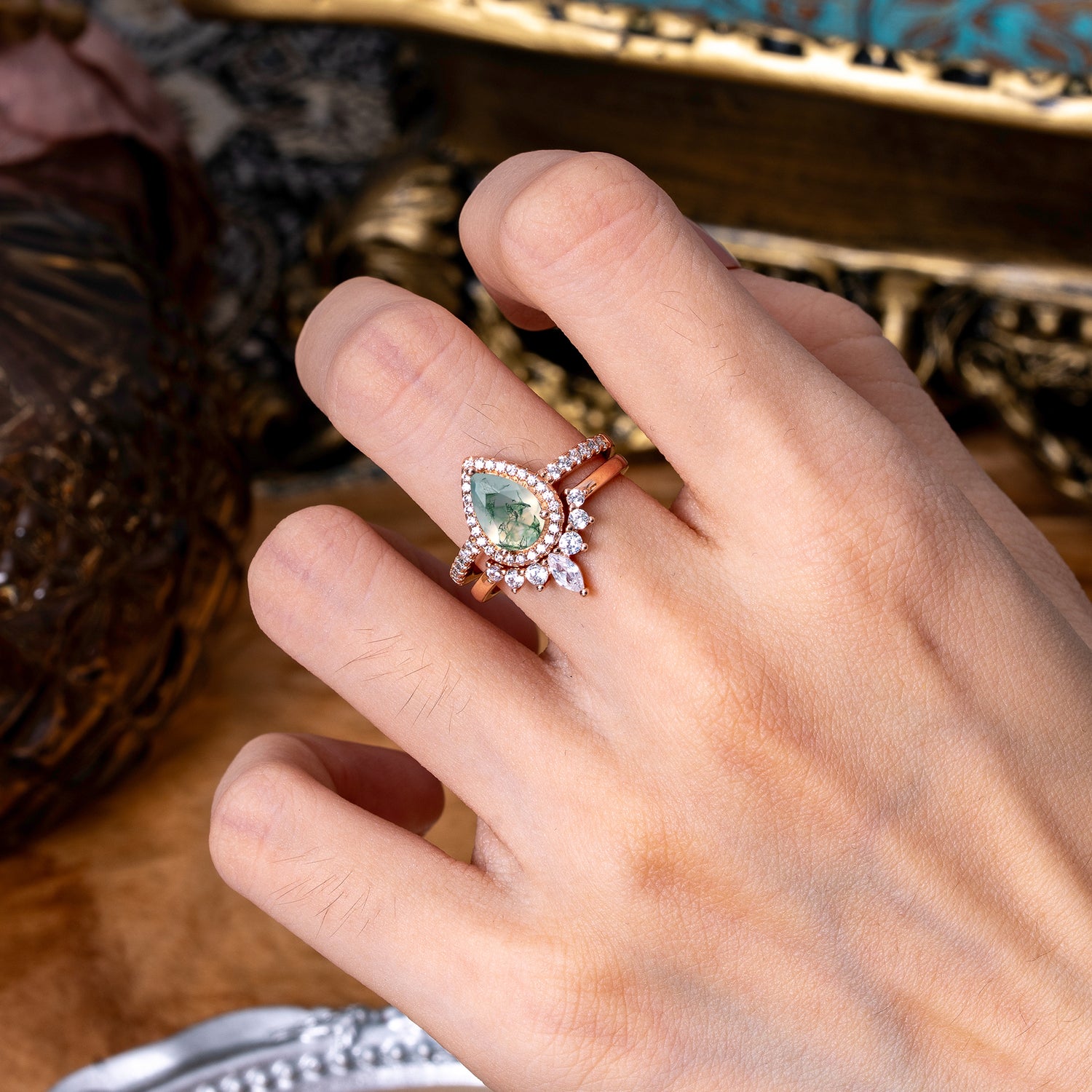 1.5 Carat Pear Shaped Moss Agate Engagement Ring Bridal Set