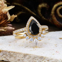 1.5 Carat Pear Shaped Black Onyx Engagement Ring Classic Wedding Ring Set