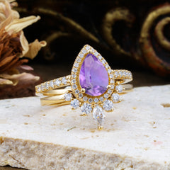 1.5 Carat Pear Shaped Amethyst Engagement Ring Classic Wedding Ring Set