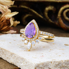 1.5 Carat Pear Shaped Amethyst Engagement Ring Classic Wedding Ring Set