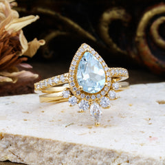 1.5 Carat Pear Shaped Aquamarine Engagement Ring Classic Wedding Ring Set