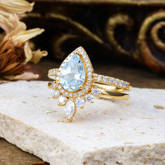 1.5 Carat Pear Shaped Aquamarine Engagement Ring Classic Wedding Ring Set