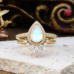 1.5 Carat Pear Shaped Natural Moonstone Engagement Ring Classic Wedding Ring Set