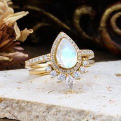 1.5 Carat Pear Shaped Natural Moonstone Engagement Ring Classic Wedding Ring Set