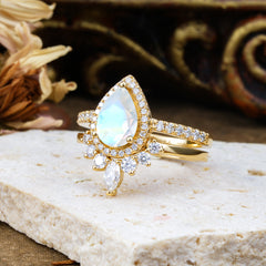 1.5 Carat Pear Shaped Natural Moonstone Engagement Ring Classic Wedding Ring Set