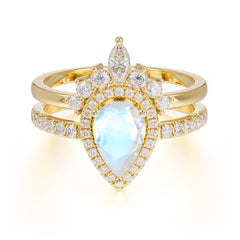 1.5 Carat Pear Shaped Moonstone Engagement Ring Classic Wedding Ring Set