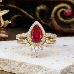 1.5 Carat Pear Shaped Ruby Engagement Ring Classic Wedding Ring Set