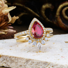 1.5 Carat Pear Shaped Ruby Engagement Ring Classic Wedding Ring Set