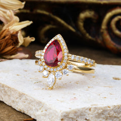 1.5 Carat Pear Shaped Ruby Engagement Ring Classic Wedding Ring Set