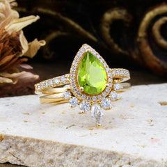 1.5 Carat Pear Shaped Peridot Engagement Ring Classic Wedding Ring Set