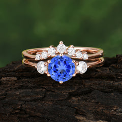 1 Carat Round Cut Sapphire Engagement Ring Set Classic Wedding Ring