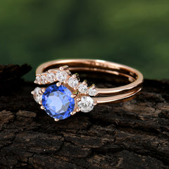 1 Carat Round Cut Sapphire Engagement Ring Set Classic Wedding Ring