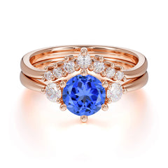 1 Carat Round Cut Sapphire Engagement Ring Set Classic Wedding Ring